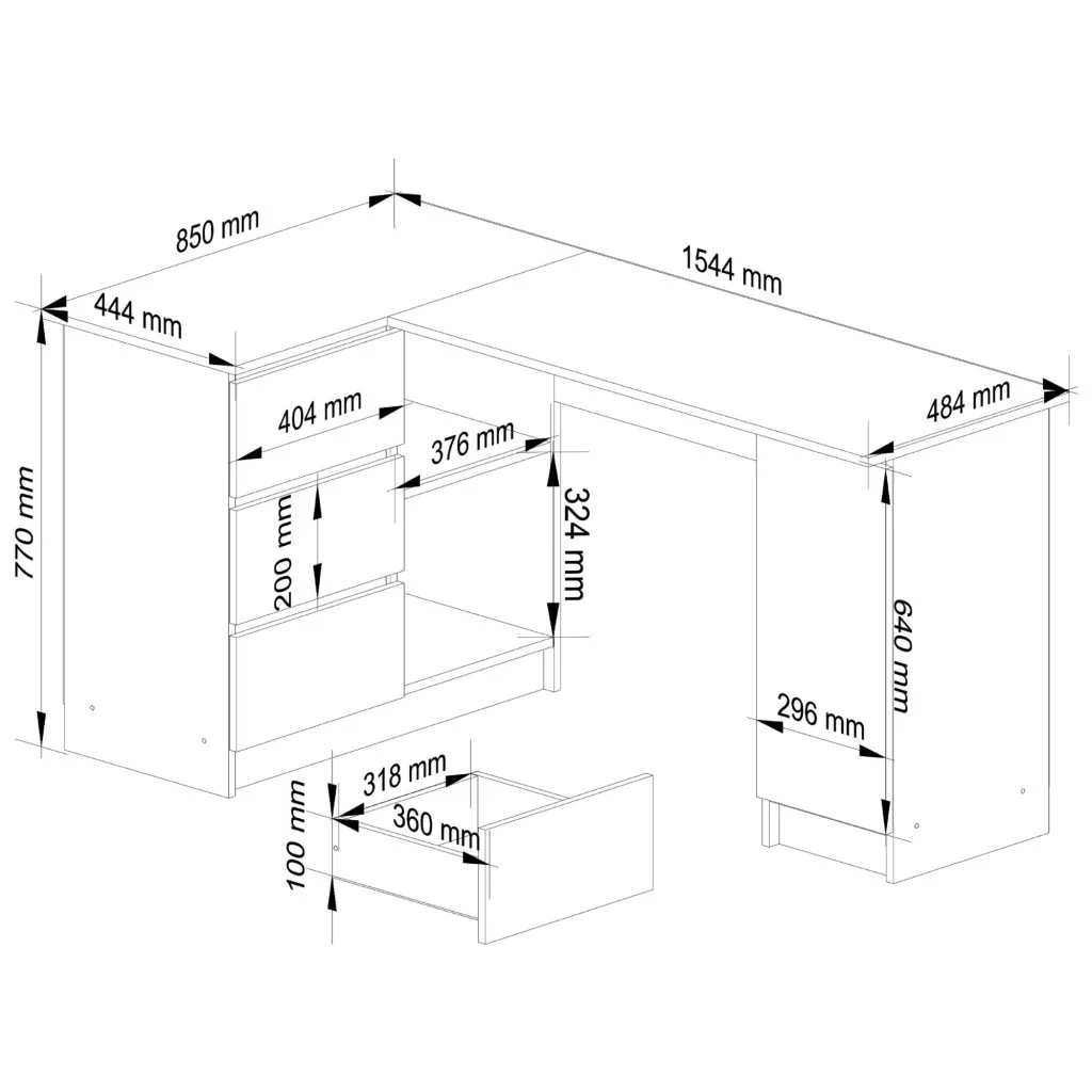 Birou colt stanga in L cu 3 sertare si rafturi, PAL laminat 16 mm, 155x85x77 cm, stejar artisan si alb [3]