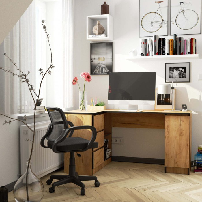 Birou colt stanga in L cu 3 sertare si rafturi, PAL laminat 16 mm, 155x85x77 cm, stejar craft [5]