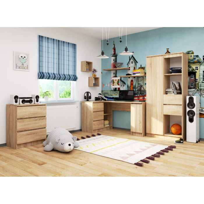 Birou colt stanga in L cu 3 sertare si rafturi, PAL laminat 16 mm, 155x85x77 cm, stejar sonoma [4]