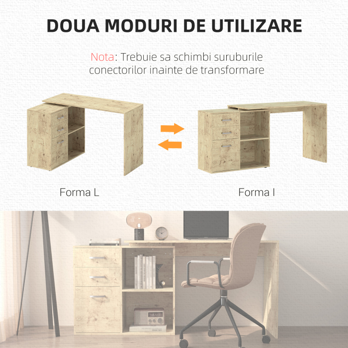  Birou Coltar pentru PC cu 3 Sertare si Rafturi Deschise, din Lemn si Metal, 117x83.5x76 cm, Nuc [6]
