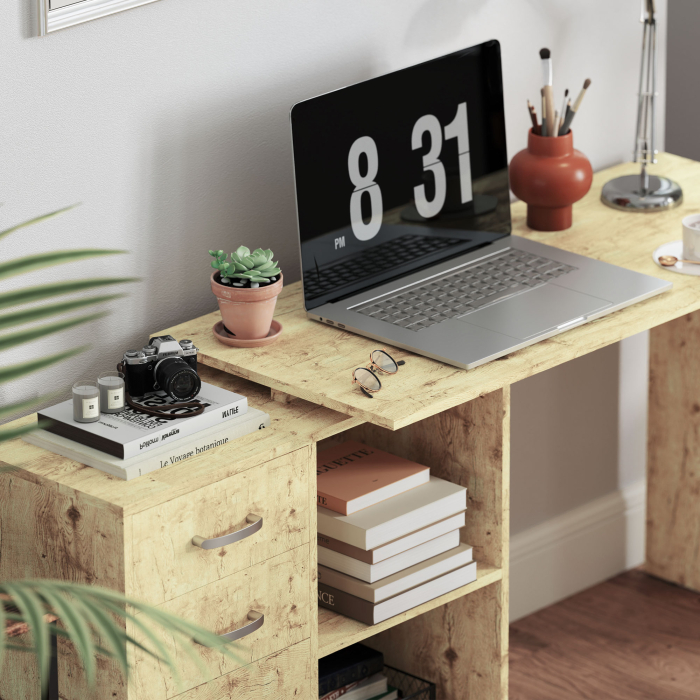  Birou Coltar pentru PC cu 3 Sertare si Rafturi Deschise, din Lemn si Metal, 117x83.5x76 cm, Nuc [9]
