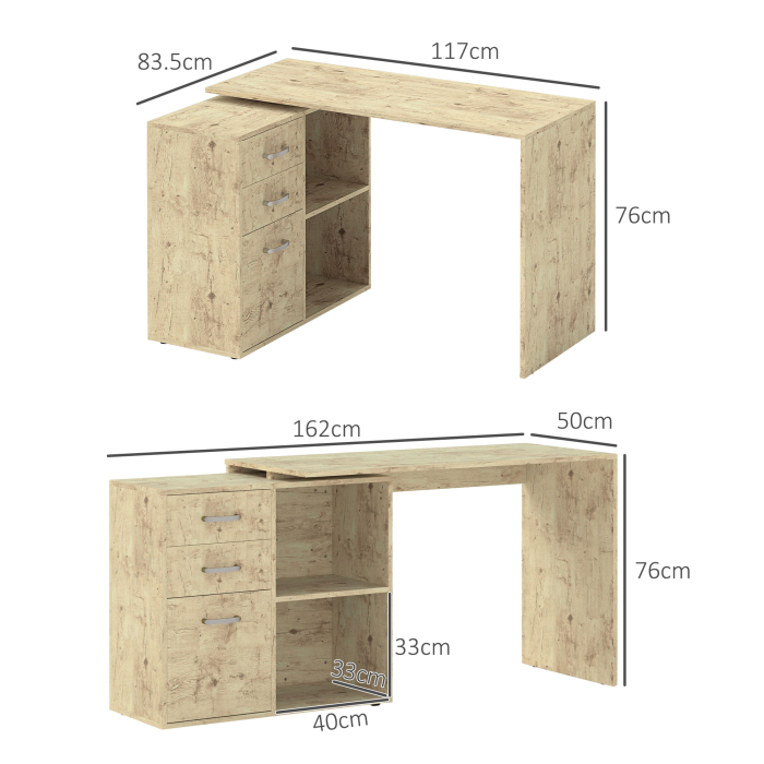 Birou Coltar pentru PC cu 3 Sertare si Rafturi Deschise, din Lemn si Metal, 117x83.5x76 cm, Nuc [3]