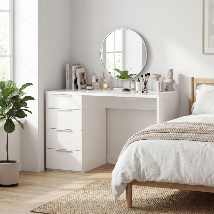  Birou Compact, 110x61.5x75 cm, Birou Modern cu 4 Sertare, Masa pentru Computer, pentru Acasa, Studiu, Camera sau Birou, Alb Lucios [8]