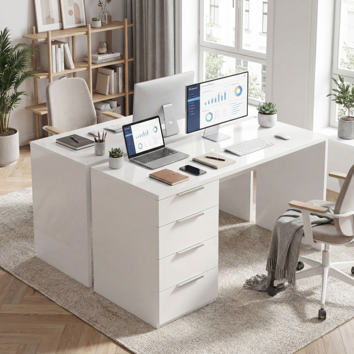  Birou Compact, 110x61.5x75 cm, Birou Modern cu 4 Sertare, Masa pentru Computer, pentru Acasa, Studiu, Camera sau Birou, Alb Lucios [7]