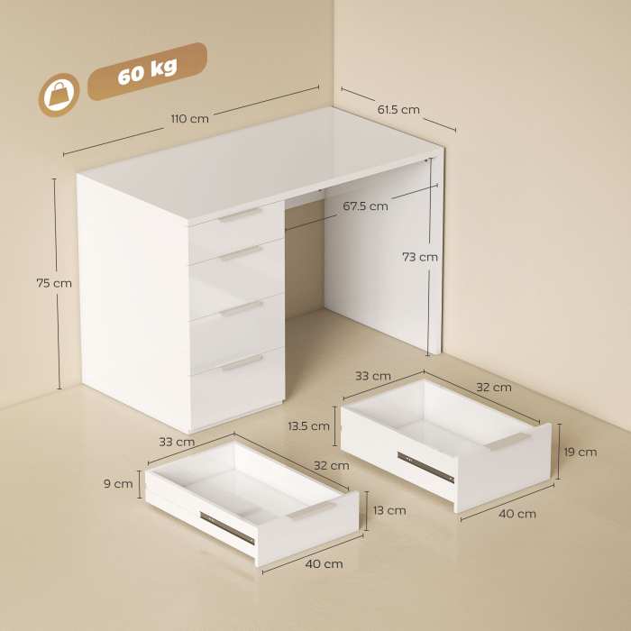  Birou Compact, 110x61.5x75 cm, Birou Modern cu 4 Sertare, Masa pentru Computer, pentru Acasa, Studiu, Camera sau Birou, Alb Lucios [3]