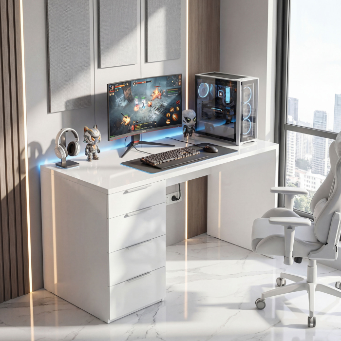  Birou Compact, 110x61.5x75 cm, Birou Modern cu 4 Sertare, Masa pentru Computer, pentru Acasa, Studiu, Camera sau Birou, Alb Lucios [9]
