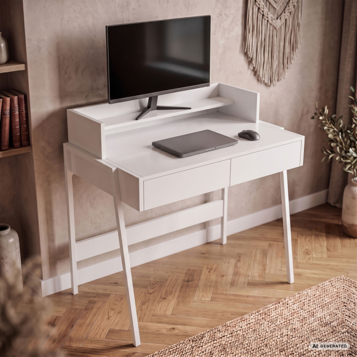 Birou compact, MDF melaminat, cu 2 sertare si raft, cadru metalic, 78x48x95 cm, alb [7]
