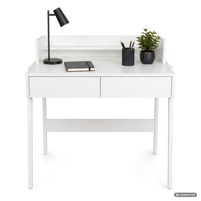 Birou compact, MDF melaminat, cu 2 sertare si raft, cadru metalic, 78x48x95 cm, alb [9]