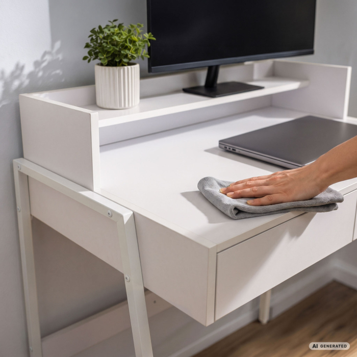 Birou compact, MDF melaminat, cu 2 sertare si raft, cadru metalic, 78x48x95 cm, alb [4]