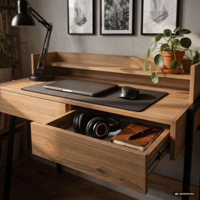 Birou compact, MDF melaminat, cu 2 sertare si raft, cadru metalic, 78x48x95 cm, stejar artisan [5]