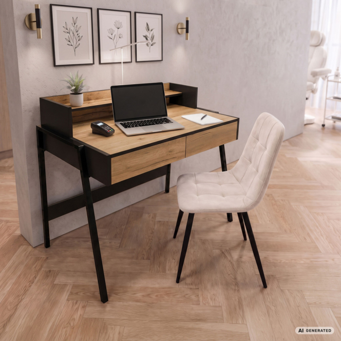Birou compact, MDF melaminat, cu 2 sertare si raft, cadru metalic, 78x48x95 cm, stejar craft si negru [7]