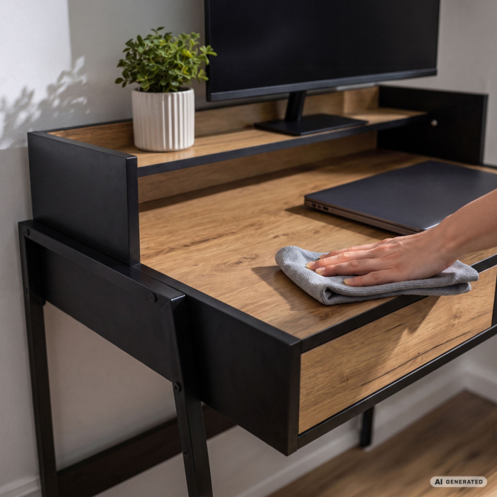 Birou compact, MDF melaminat, cu 2 sertare si raft, cadru metalic, 78x48x95 cm, stejar craft si negru [4]