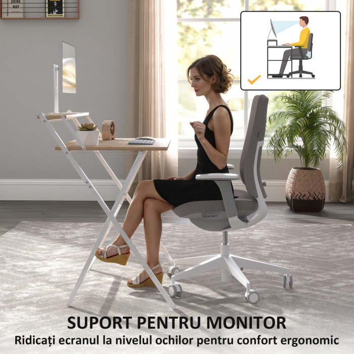  Birou Compact Pliabil cu Suport Monitor, 81,5x62x86,5 cm, Lemn [5]