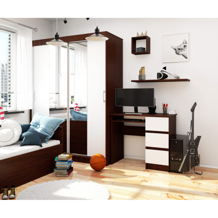 Birou computer cu 3 sertare si raft pentru tastatura, dreapta, 90x50x77 cm, maro wenge si alb [5]