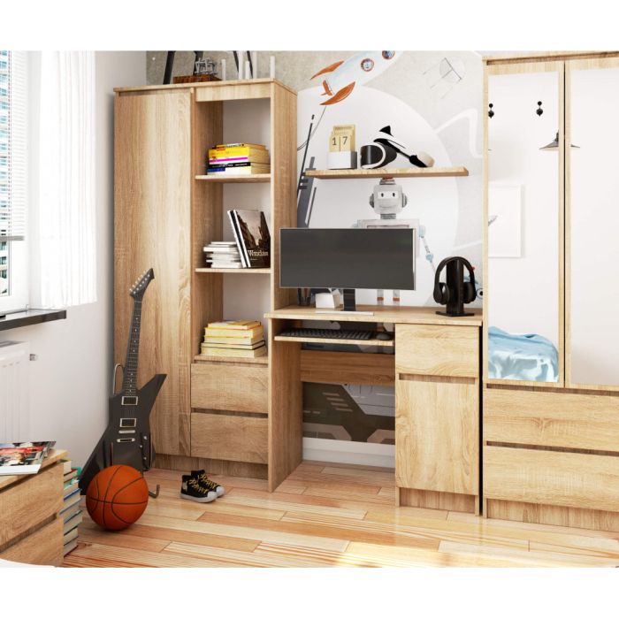Birou computer PIKSE cu sertar, dulap si polita glisanta pentru tastatura, dreapta, 90x50x77 cm, stejar sonoma [5]