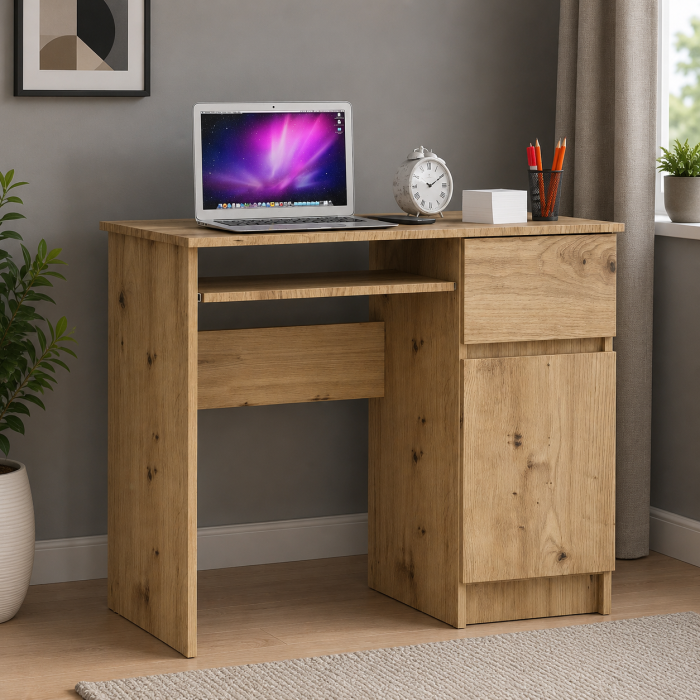 Birou computer PIKSEL, cu sertar, dulap si raft pentru tastatura, dreapta, 90x50x77 cm, stejar artisan [2]