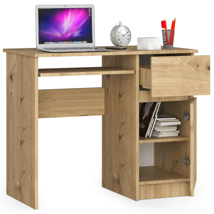Birou computer PIKSEL, cu sertar, dulap si raft pentru tastatura, dreapta, 90x50x77 cm, stejar artisan [3]