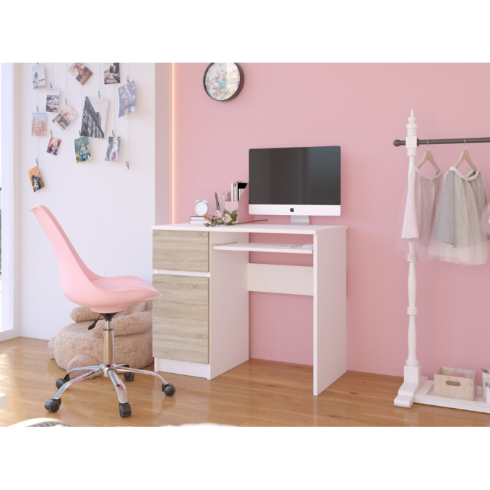 Birou computer PIKSEL, cu sertar, dulap si raft pentru tastatura, stanga, 90x50x77 cm, alb si stejar sonoma [5]