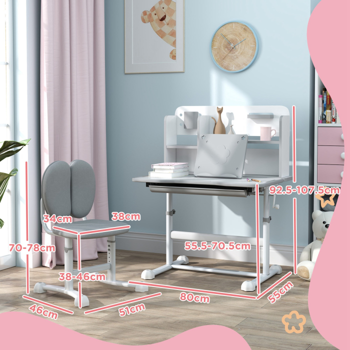  Birou Copii 3-12 Ani Reglabile pe inaltime si Blat inclinabil la 45°, 80x55x107.5 cm, Gri [3]