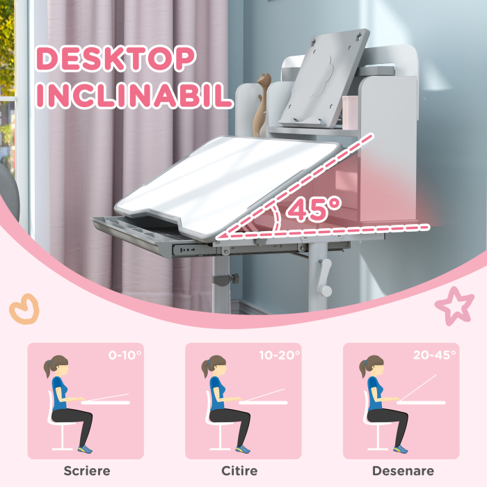  Birou Copii 3-12 Ani Reglabile pe inaltime si Blat inclinabil la 45°, 80x55x107.5 cm, Gri [4]