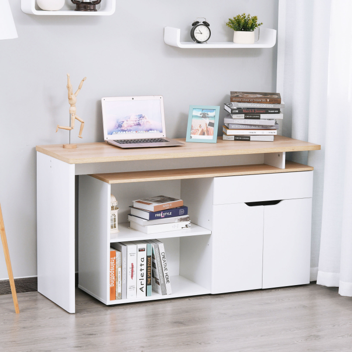  Birou cu Blat Extensibil pentru PC si Biblioteca, 140x117x76 cm, Alb [2]