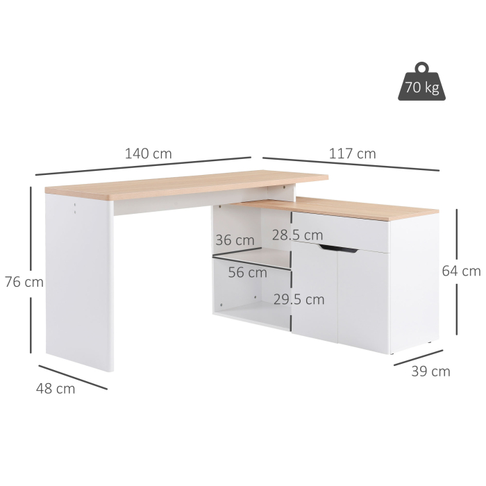  Birou cu Blat Extensibil pentru PC si Biblioteca, 140x117x76 cm, Alb [3]