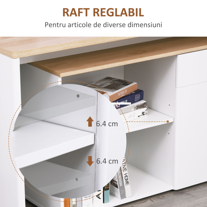  Birou cu Blat Extensibil pentru PC si Biblioteca, 140x117x76 cm, Alb [6]