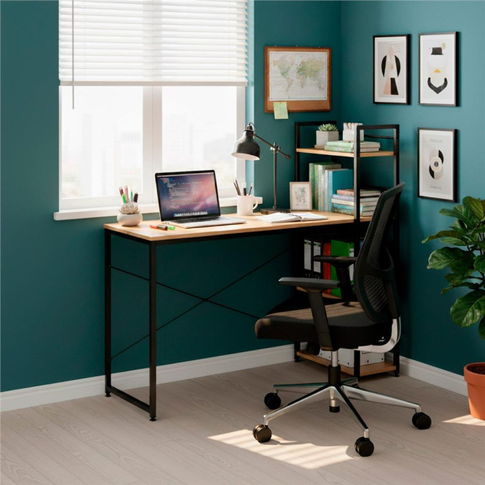 Birou cu blat MDF si rafturi laterale, cadru metalic, 120x48x122 cm, maro deschis [9]