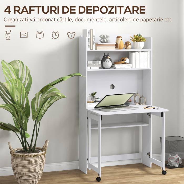  Birou cu Rafturi, Blat Pliabil, 2 Roti si 4 Rafturi, Birou Compact Modern cu Orificiu pentru Cabluri, Masa pentru Computer, Acasa Birou Studio Dormitor, 80x69x155 cm, Alb [5]