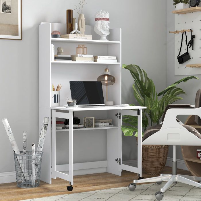  Birou cu Rafturi, Blat Pliabil, 2 Roti si 4 Rafturi, Birou Compact Modern cu Orificiu pentru Cabluri, Masa pentru Computer, Acasa Birou Studio Dormitor, 80x69x155 cm, Alb [2]