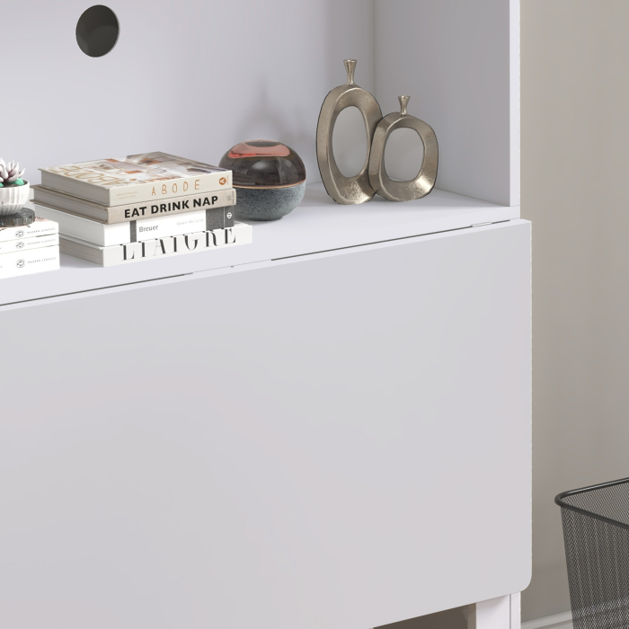  Birou cu Rafturi, Blat Pliabil, 2 Roti si 4 Rafturi, Birou Compact Modern cu Orificiu pentru Cabluri, Masa pentru Computer, Acasa Birou Studio Dormitor, 80x69x155 cm, Alb [8]