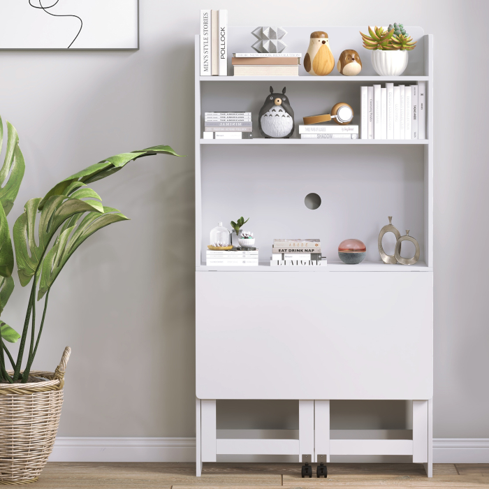  Birou cu Rafturi, Blat Pliabil, 2 Roti si 4 Rafturi, Birou Compact Modern cu Orificiu pentru Cabluri, Masa pentru Computer, Acasa Birou Studio Dormitor, 80x69x155 cm, Alb [9]