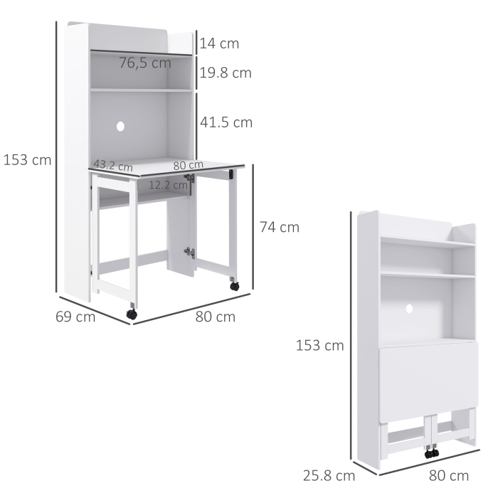  Birou cu Rafturi, Blat Pliabil, 2 Roti si 4 Rafturi, Birou Compact Modern cu Orificiu pentru Cabluri, Masa pentru Computer, Acasa Birou Studio Dormitor, 80x69x155 cm, Alb [3]