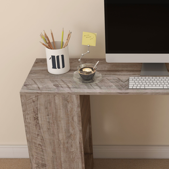  Birou de colt compact cu raft in forma de S, din lemn, 140x120x78 cm, gri cu aspect de lemn [8]