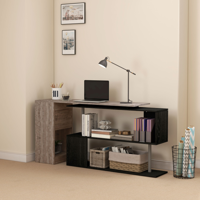  Birou de colt compact cu raft in forma de S, din lemn, 140x120x78 cm, gri cu aspect de lemn [7]