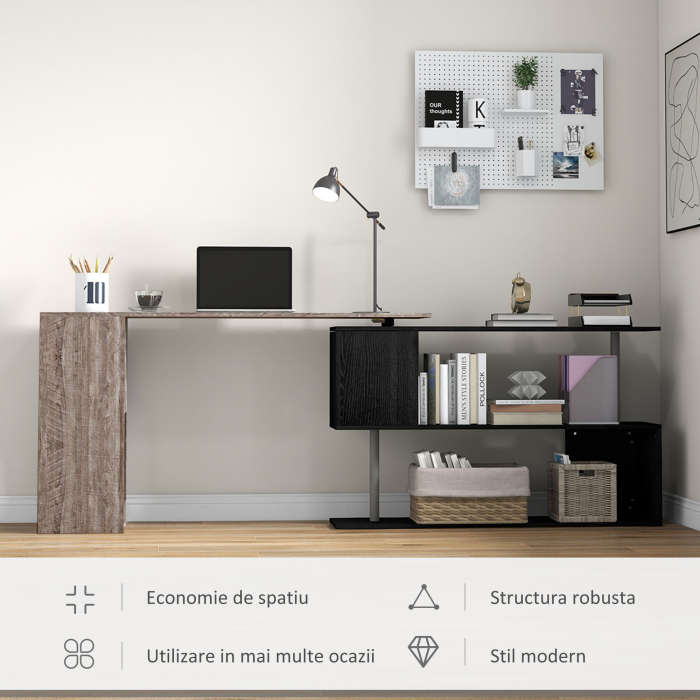  Birou de colt compact cu raft in forma de S, din lemn, 140x120x78 cm, gri cu aspect de lemn [6]