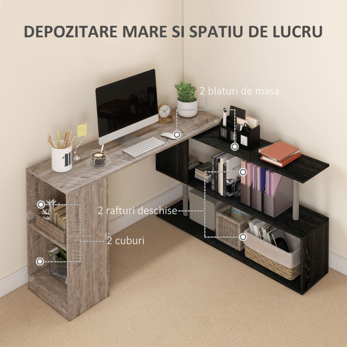  Birou de colt compact cu raft in forma de S, din lemn, 140x120x78 cm, gri cu aspect de lemn [5]