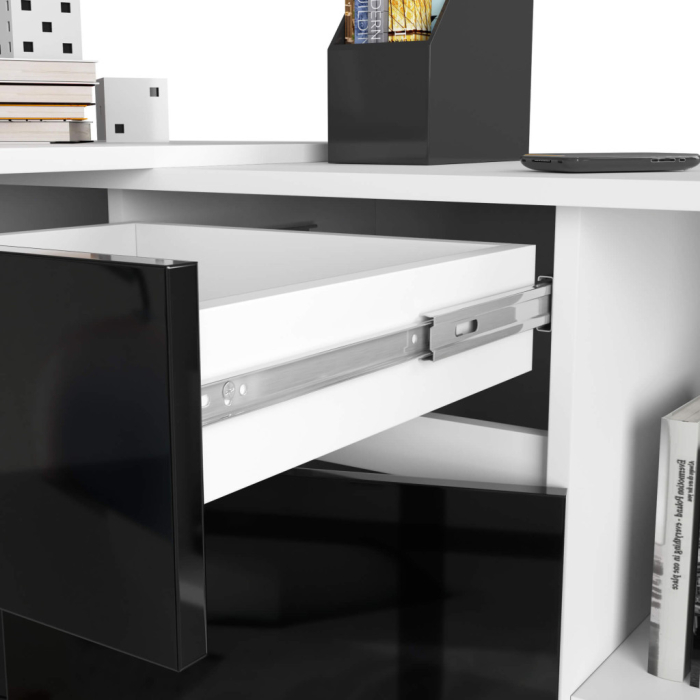 Birou de colt cu sertar, usa si 6 rafturi, fronturi MDF lucios, 120x126x79 cm, alb si negru lucios [5]