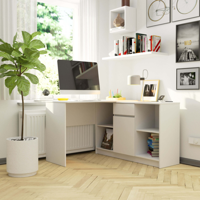 Birou de colt cu sertar, usa si 6 rafturi, PAL laminat 16 mm, 120x126x79 cm, alb [6]