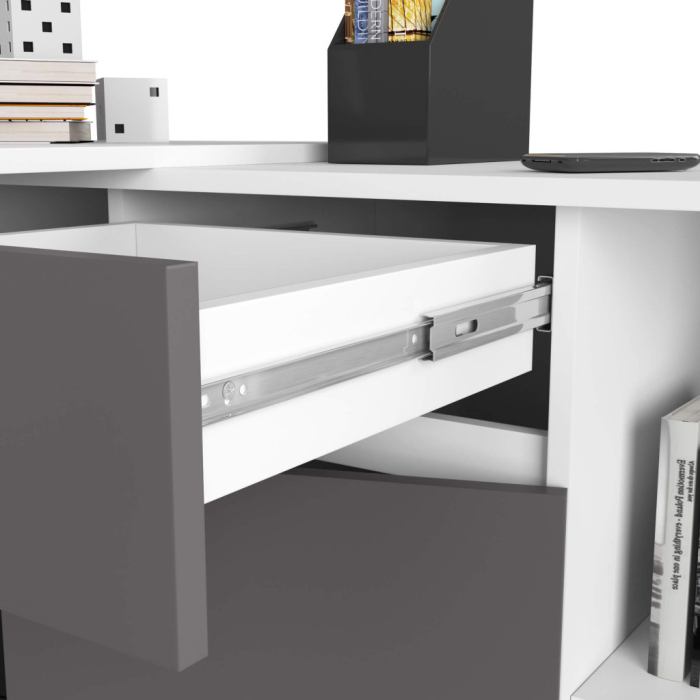 Birou de colt cu sertar, usa si 6 rafturi, PAL laminat 16 mm, 120x126x79 cm, alb si gri [5]