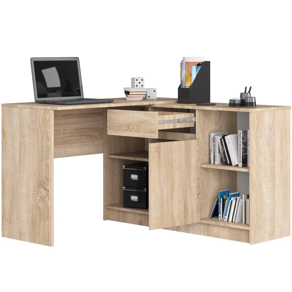 Birou de colt cu sertar, usa si 6 rafturi, PAL laminat 16 mm, 120x126x79 cm, stejar sonoma [3]