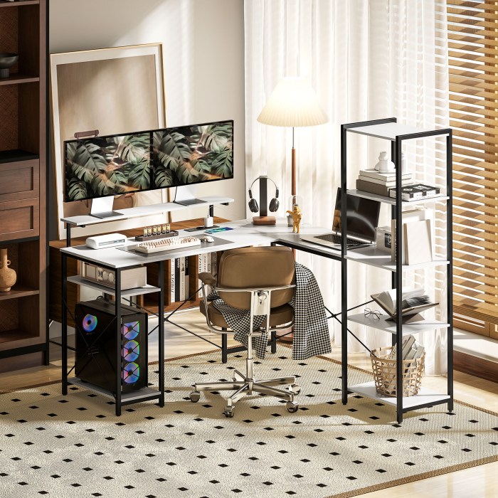  Birou de Colt pentru Computer in Forma de L cu Biblioteca, 137x140x139,5 cm, Negru [2]