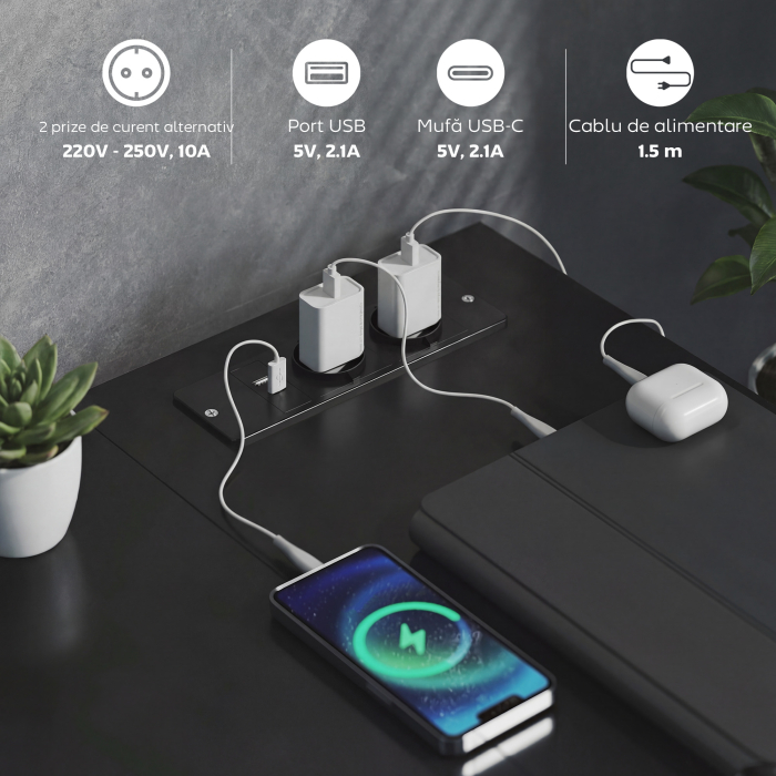  Birou de Colt Reversibil cu Prize de Curent si Porturi USB, 126 x 48 cm, Birou in Forma de L cu 6 Sertare din Material Textil, Carlig Lateral, pentru Computer, Birou, Studiu, Acasa, Negru [5]