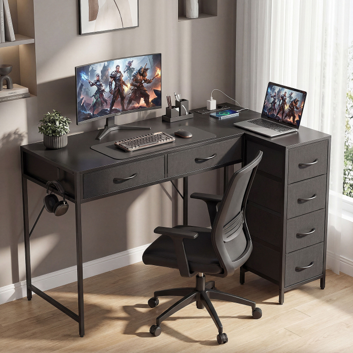  Birou de Colt Reversibil cu Prize de Curent si Porturi USB, 126 x 48 cm, Birou in Forma de L cu 6 Sertare din Material Textil, Carlig Lateral, pentru Computer, Birou, Studiu, Acasa, Negru [2]