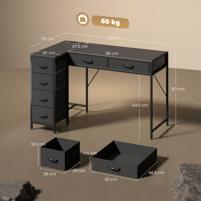  Birou de Colt Reversibil cu Prize de Curent si Porturi USB, 126 x 48 cm, Birou in Forma de L cu 6 Sertare din Material Textil, Carlig Lateral, pentru Computer, Birou, Studiu, Acasa, Negru [3]