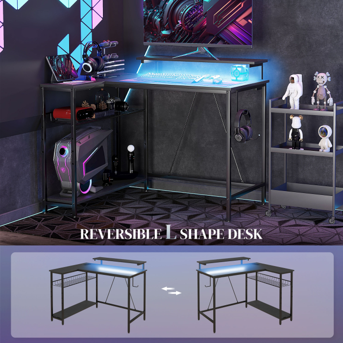  Birou de Gaming cu LED si Rafturi, Design in Forma de L Reversibil pentru Spatii Mici, Birou PC si Console, 107×80×90 cm, Negru [6]