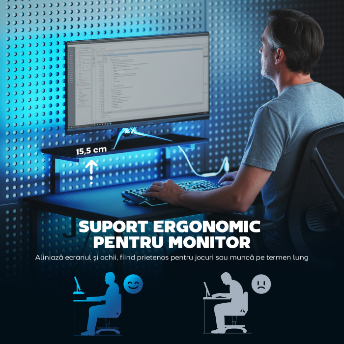  Birou Gaming Coltar cu LED, Prize Electrice, Suport pentru Monitor si Raft, Negru [7]