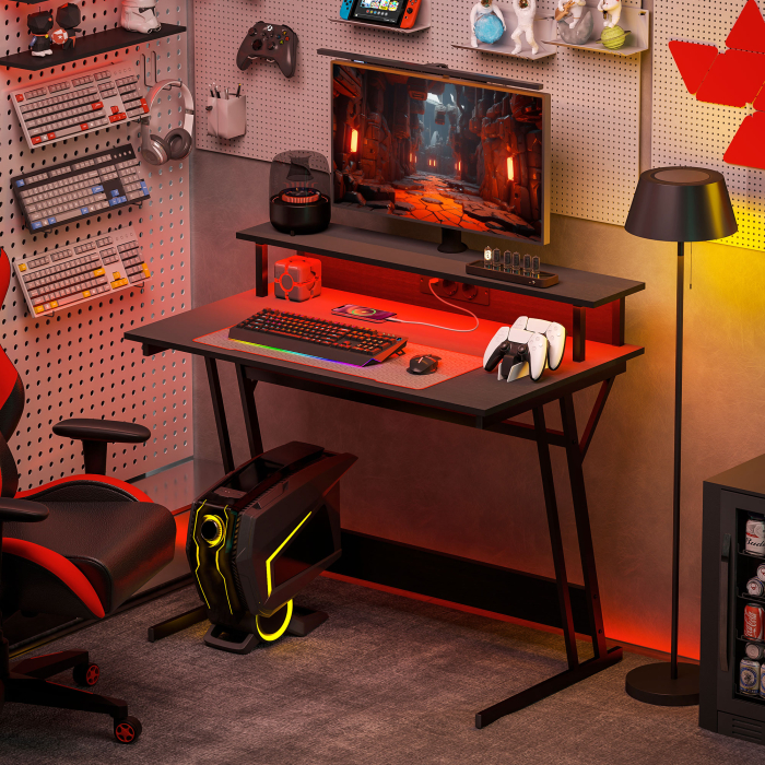  Birou Gaming cu Lumini LED si Suport pentru Monitor, din PAL si Otel, 100x60x88.5 cm, Negru [8]