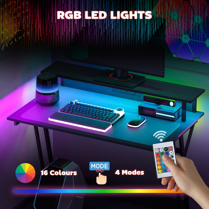 Birou Gaming cu Lumini LED si Suport pentru Monitor, din PAL si Otel, 100x60x88.5 cm, Negru [4]