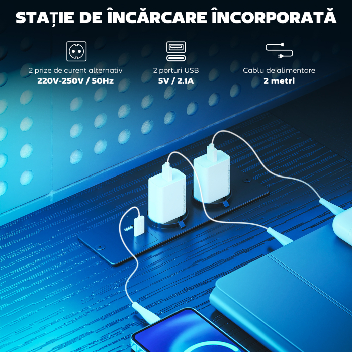  Birou Gaming cu Spatii de Stocare si 2 Suporturi pentru Monitoare, din Lemn si Otel, 165x80x91.5 cm, Negru [5]
